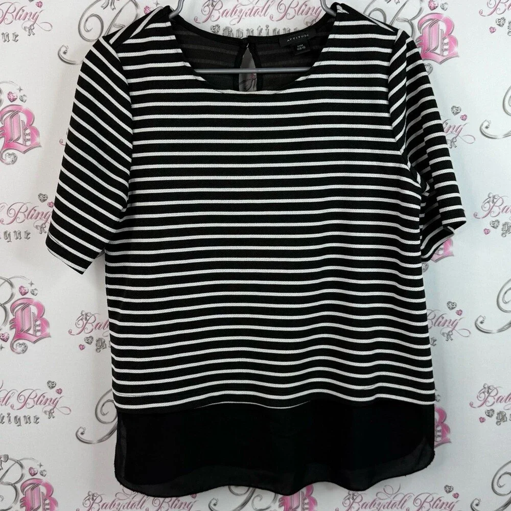 Attitude, T-shirt, stripes, colour block, Black and White Striped Women's Top